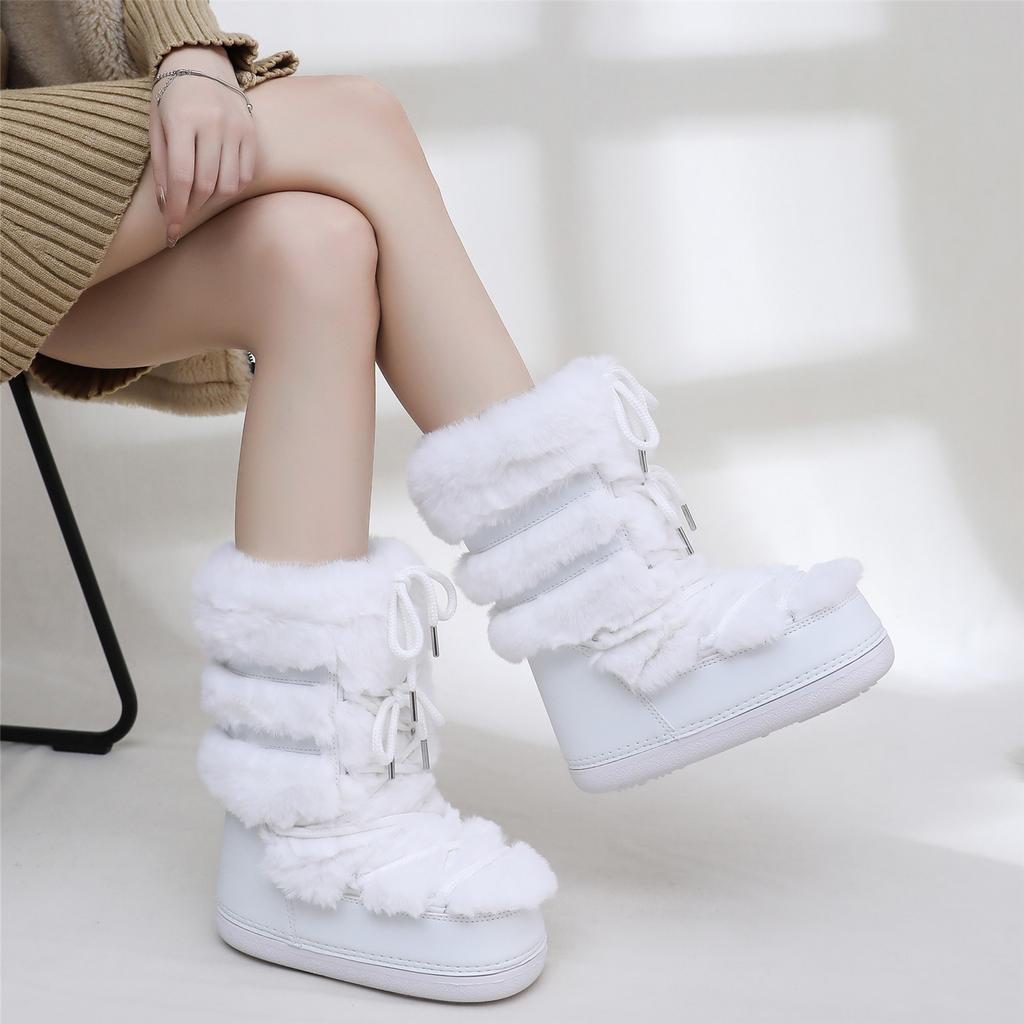 Fluffy Furry Faux Rabbit Fur Snow Boots for Women Winter Woman Lace-up Waterproof Warm Mid-calf Ski Boots Y2k Cute Boots