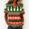 Women's Casual Short Sleeve V-Neck Christmas Print Pullover Top