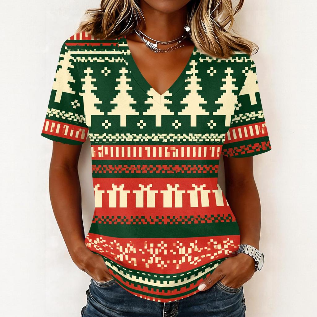 Women's Casual Short Sleeve V-Neck Christmas Print Pullover Top