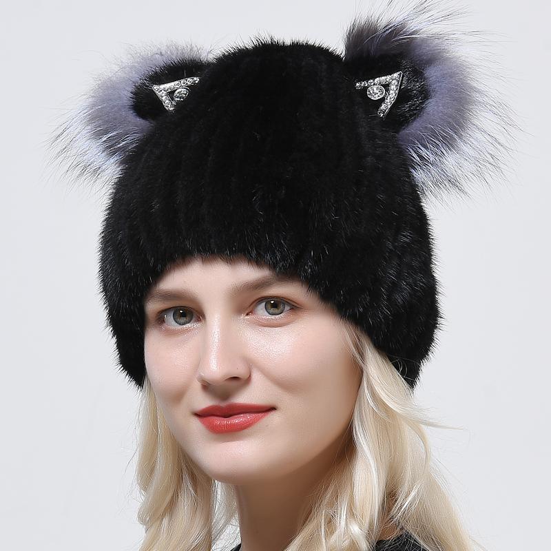 

Зимние шапки для женщин девочек шапка из натурального меха норки ушки кошки детская зимняя шапка горячая пушистая шапка из лисьего меха ушки с бриллиантами вязаные шапки из норки One Size чёрный