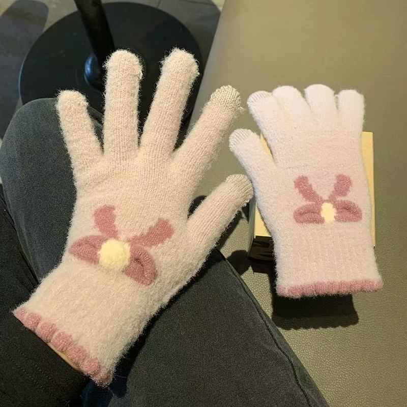 Knitted Touch Screen Gloves for Women To Keep Warm in Winter Thickened and Fleece Five Finger Outdoor Cycling Two Finger Korean Style Gloves