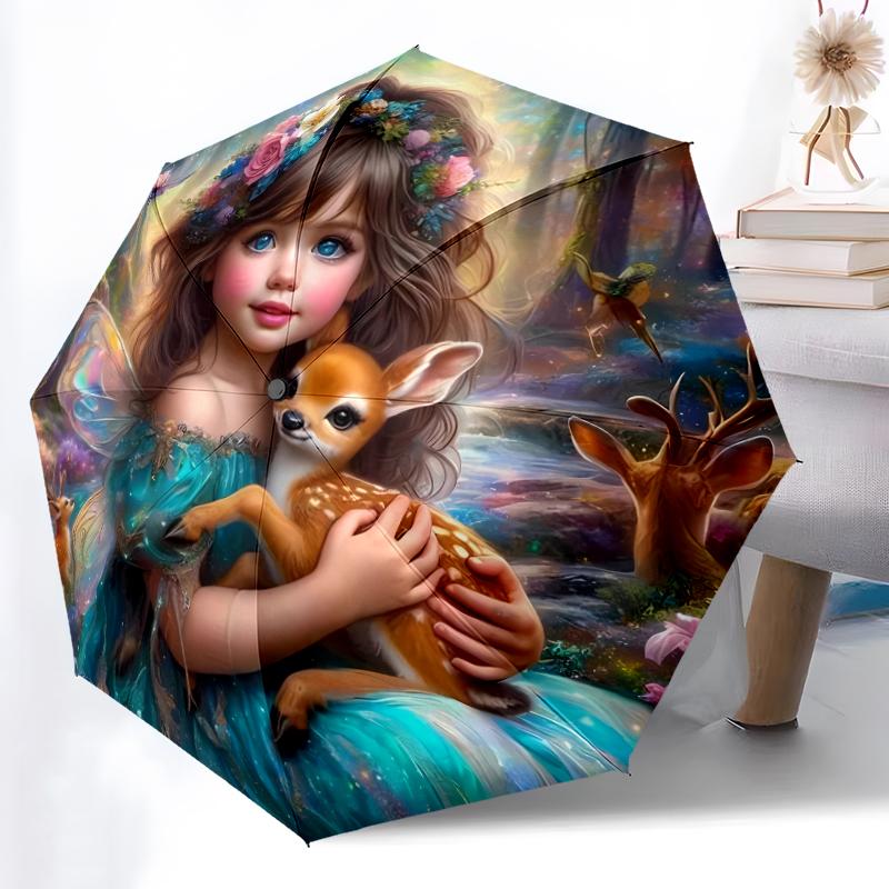 

1pc Sturdy 8-Bone Auto Umbrella, Fairy and Butterfly Umbrella, Digital Printed, Foldable Umbrella for On-the-Go Outdoor Use