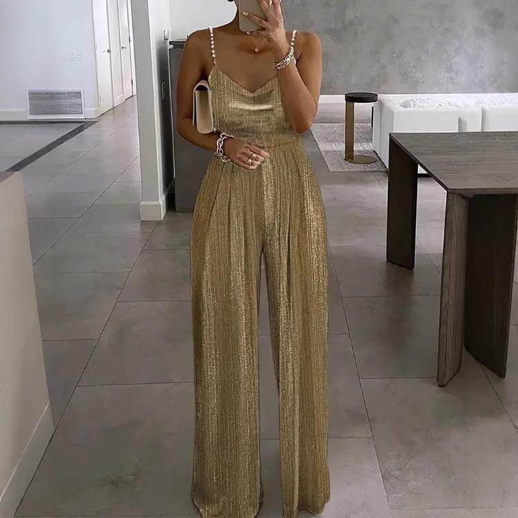 Tuta Elegante da Donna con Spalline di Perle e Paillettes Gamba Larga Scollo a V Senza Maniche per Feste