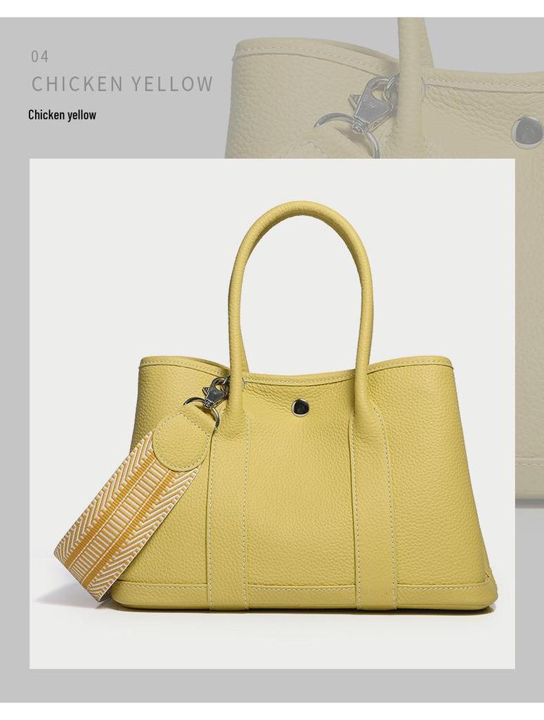 2025 Cowhide Lychee Pattern Garden Bag: Women's Color Block Wide Shoulder Strap Handbag
