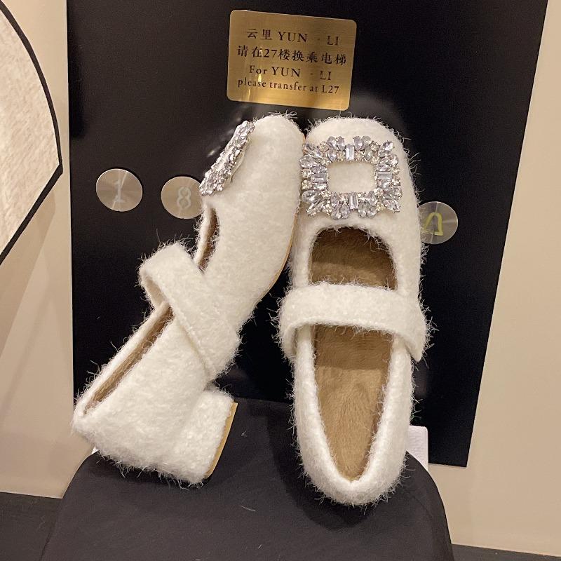 Women's Elegant Square Head Shallow Mouth Hairy Single Shoes Autumn Warm Comfortable Versatile Plush Mary Jane Cotton Shoes