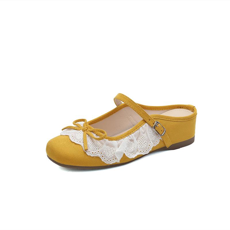 Flats Women's 2025 French Retro Lace Mary Jane Shoes Spring/summer New Shallow Mouth Inner Height Increase Half Drag Women Shoes