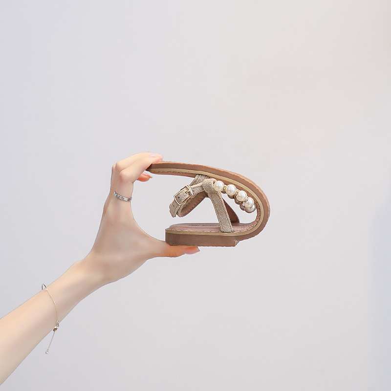 Pearl Word with Sandals Women's Flats 2025 Summer New Fairy Wind Vacation Beach Versatile with Skirt Women's Shoes