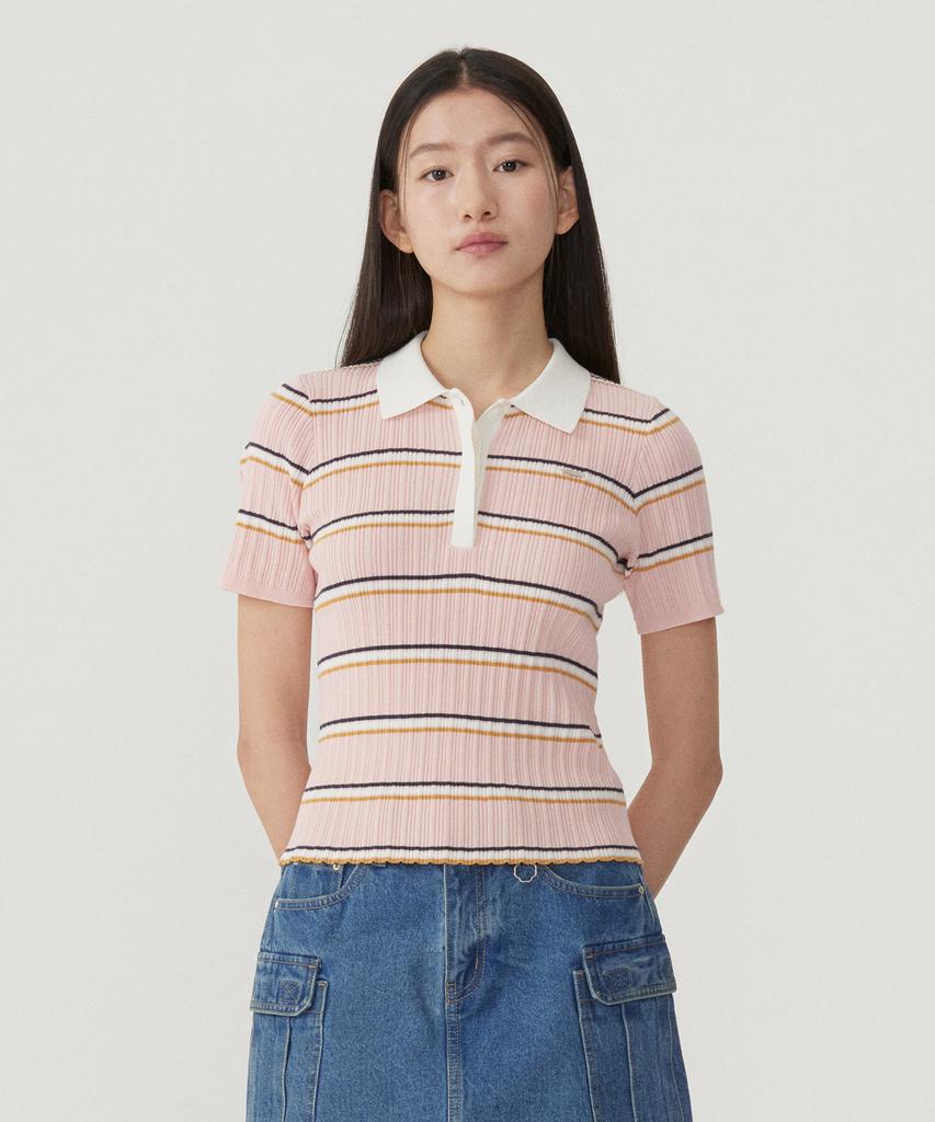 Covernat Woman Striped Collar Half Knit Pink