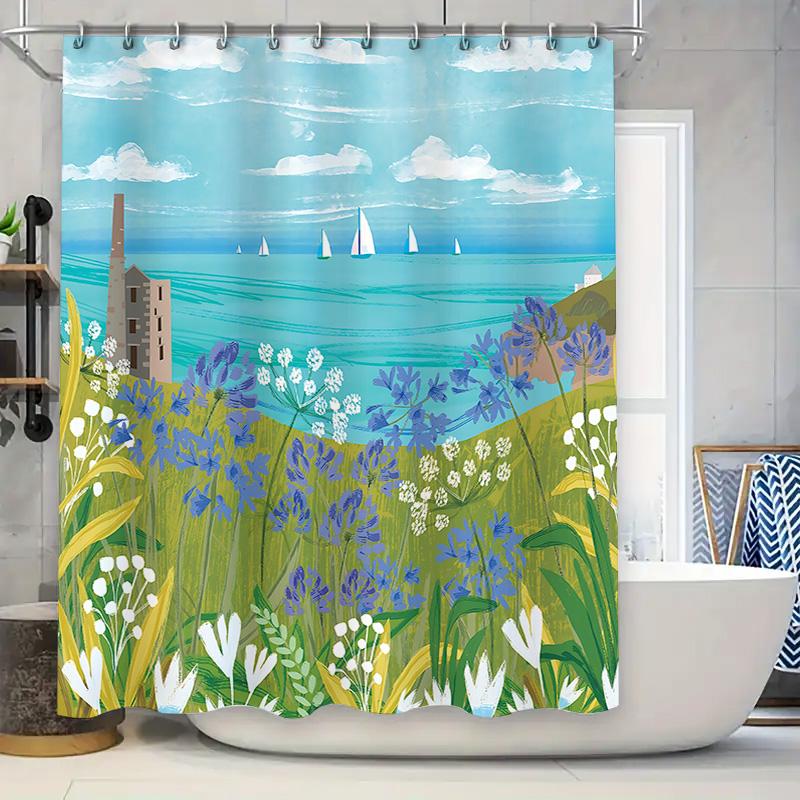 Beautiful Seascape Shower Curtain Blue Flowers Sailboats Print Enhances Coastal Bathroom Decor Nature Lovers Delight Easy-Clean