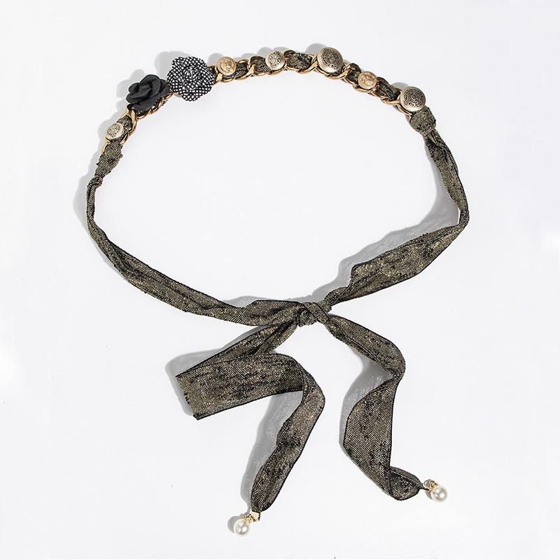 Ethnic Style Belt Women's Rose Retro Button Gold Scarf Chain Pearl Small Fragrance Style Fashionable Belt