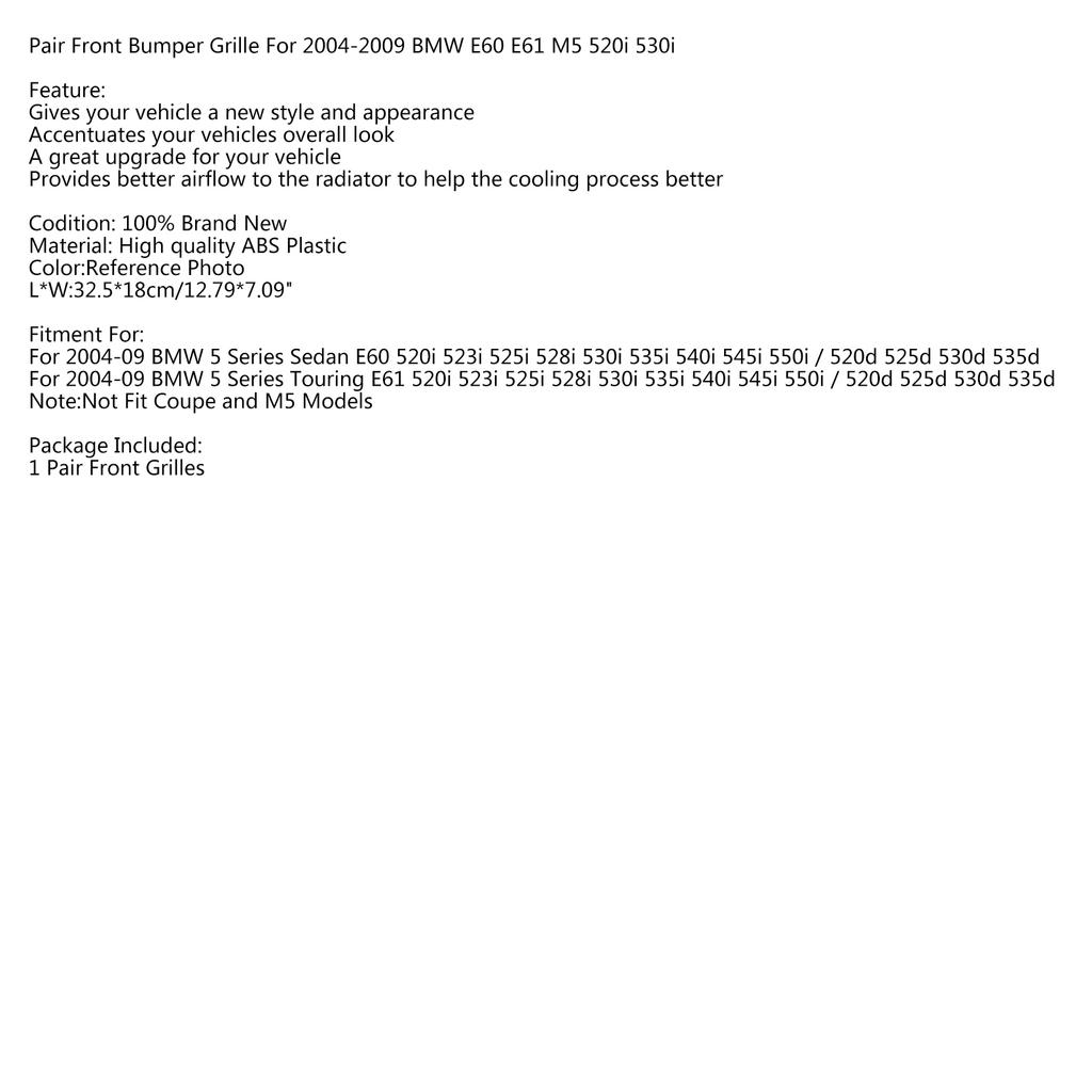 Glossy Black Front Sport Kidney Grille ABS For 04-2009 BMW E60 E61 M5 520i 530i