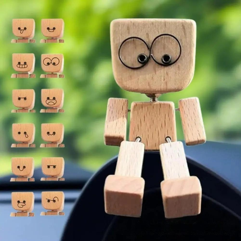 Cute Car Shaking Wooden Man Figurine Interior Wood Ornaments With 12 Magnetic Expressions Handmade Wooden Wiggle Ornament Gift