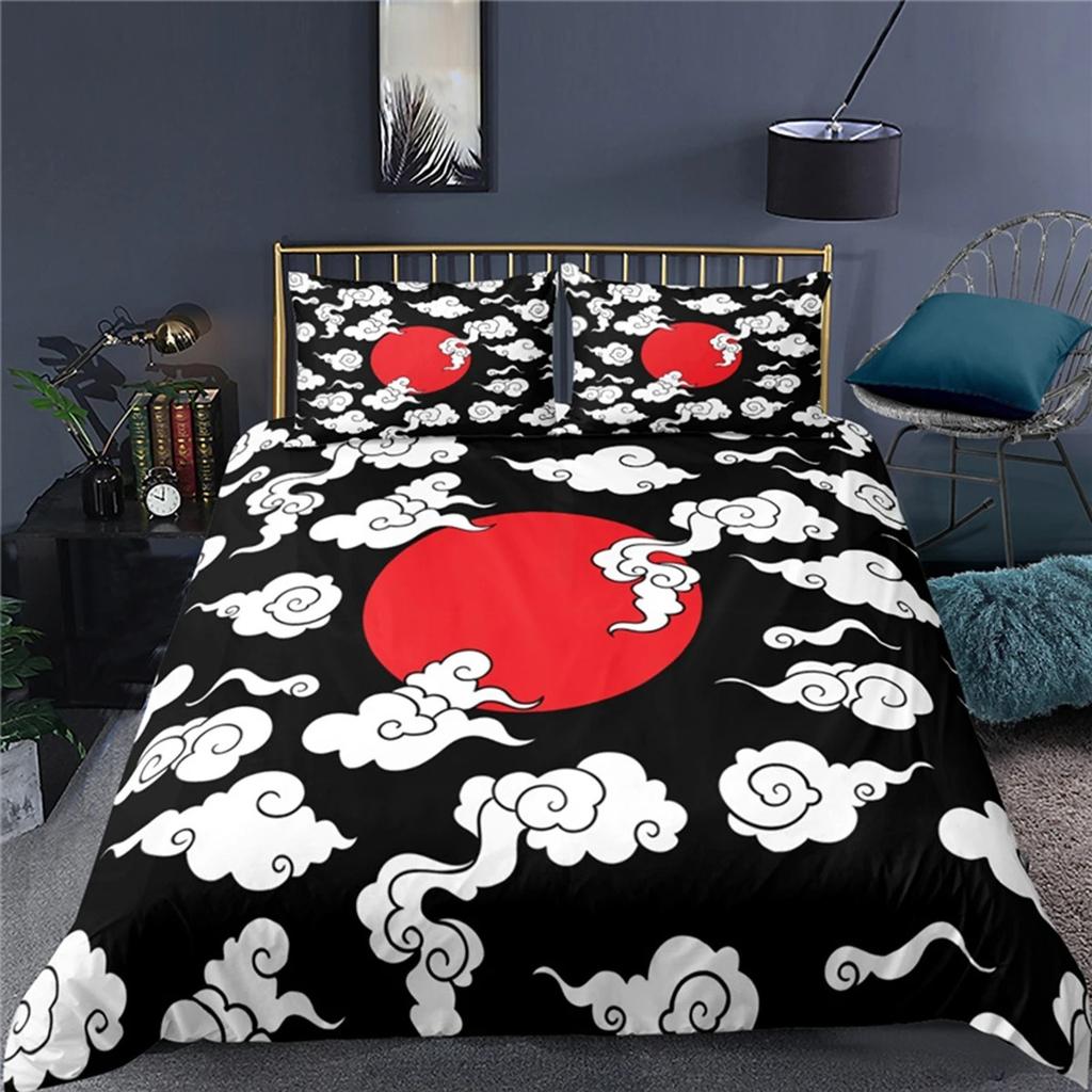 Japanese Style Print Bedding Set Luxury 3D Samurai Bedding Sunset Duvet Cover Sunset Scenery Polyester Duvet Cover Men Black Red