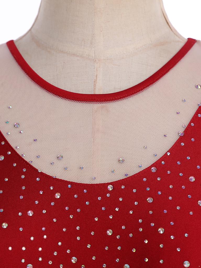 Womens Gymnastics Figure Skating Bodysuit Round Neck Sleeveless Shiny Rhinestone Mesh Patchwork Leotard Dance Jumpsuit