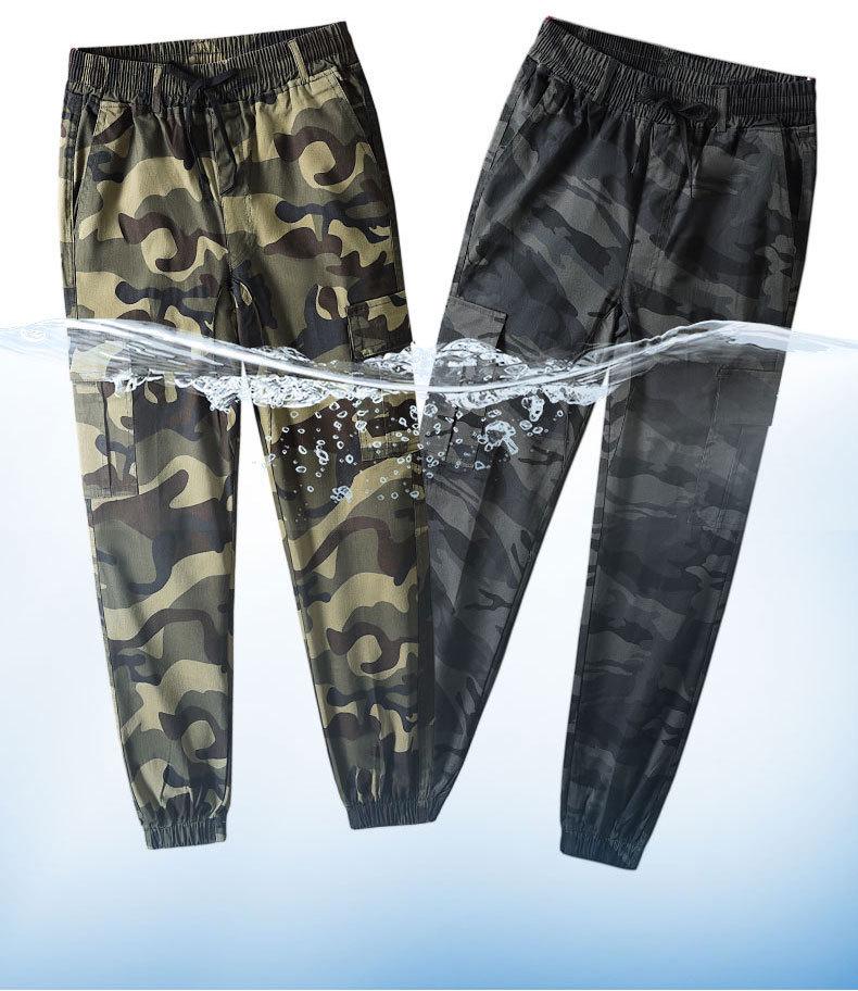 Men's Elastic Camouflage Cargo Pants: Wear-Resistant, Multi-Pocket, Skinny Fit, with Increased Crotch for Work Safety.