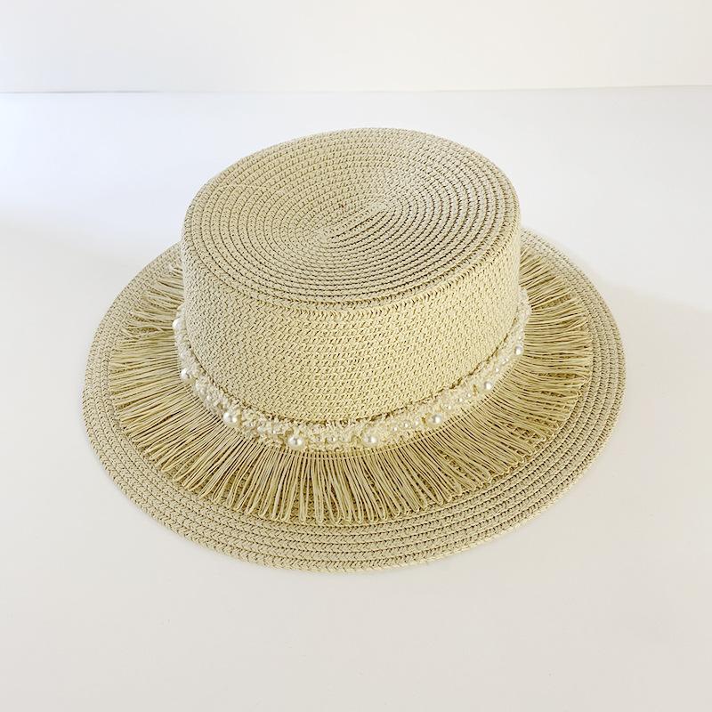 

Style Versatile Hat Straw Woven Vintage Tassel Pearls Womens Hatscaps Sunshade бежевий