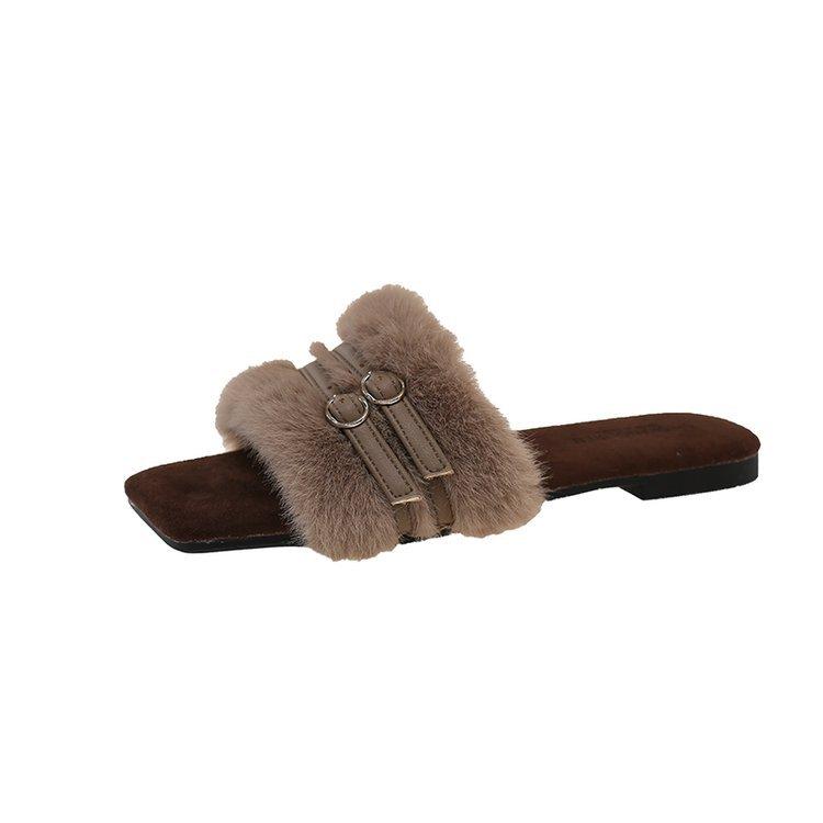 

[Youshilai] New one-word fluffy slippers women s 2025 autumn and winter wear versatile temperament fairy wind cotton slippers 40