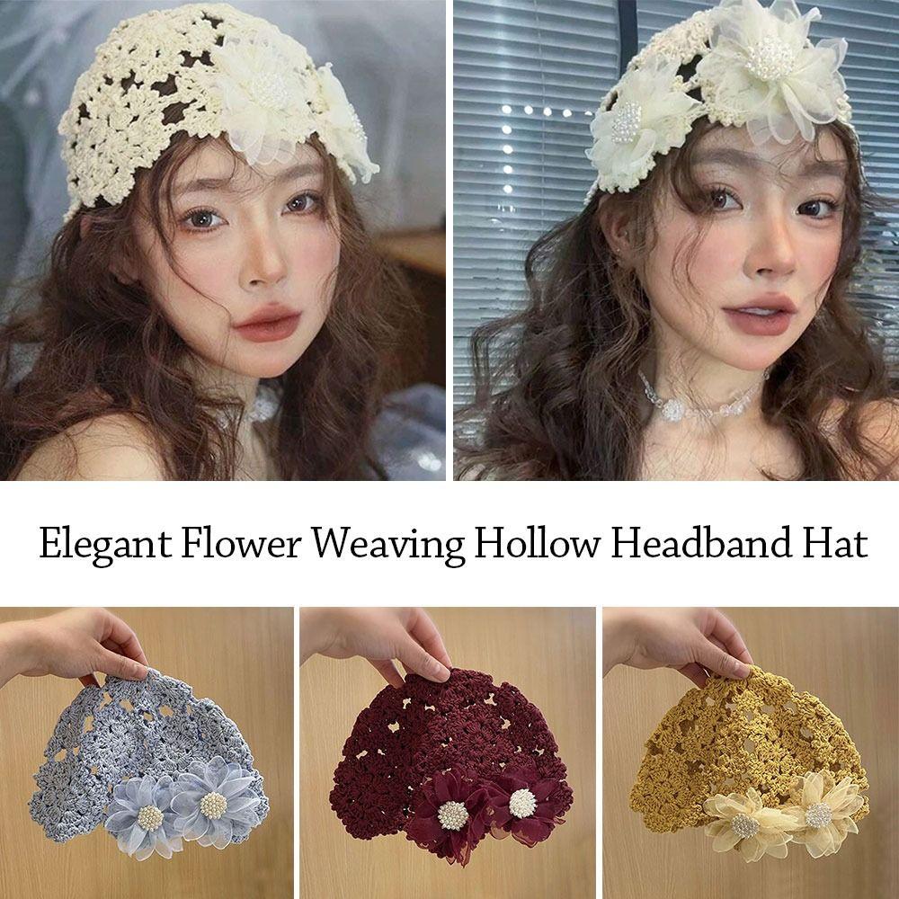 Ausgehöhlte Strickmütze mit Blumen-Skullies-Mütze, atmungsaktive Baskenmütze für Damen