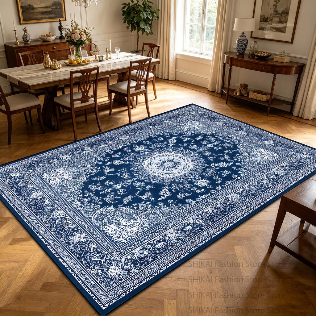 Retro Blue White Persian Living Room Carpet Antiskid Washable Decoration Home Decoration Home Rug Soft Plush Entrance Door Mat