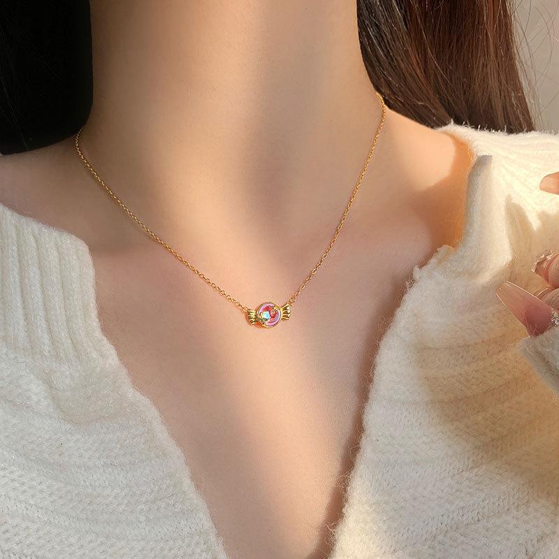 Blue Candy Pendant Necklace for Women Flashing Diamond Clavicle Chain High-end Niche Design Ins Style