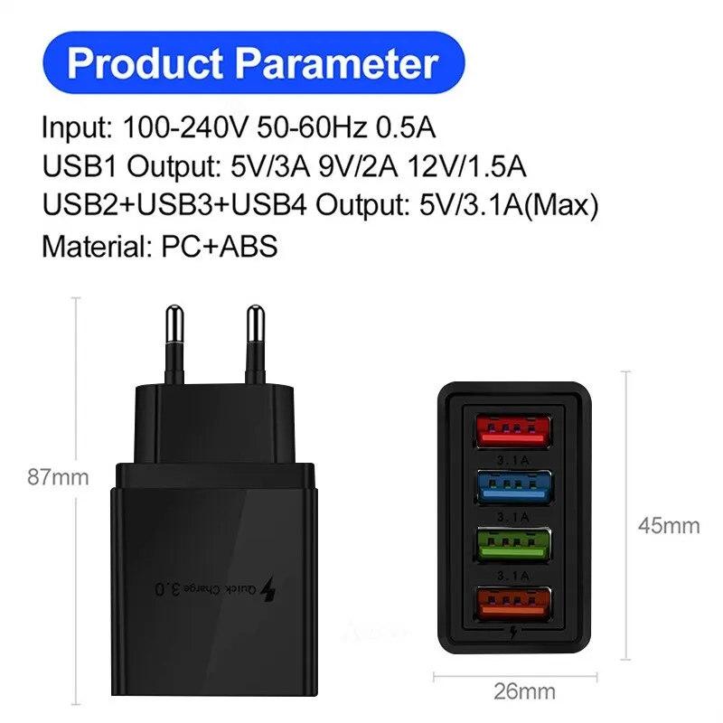 4 USB EU US Plug Charger Quick Charge 3.0 for Phone Adapter for iPhone 14 Pro Max Tablet Portable Wall Mobile Charger