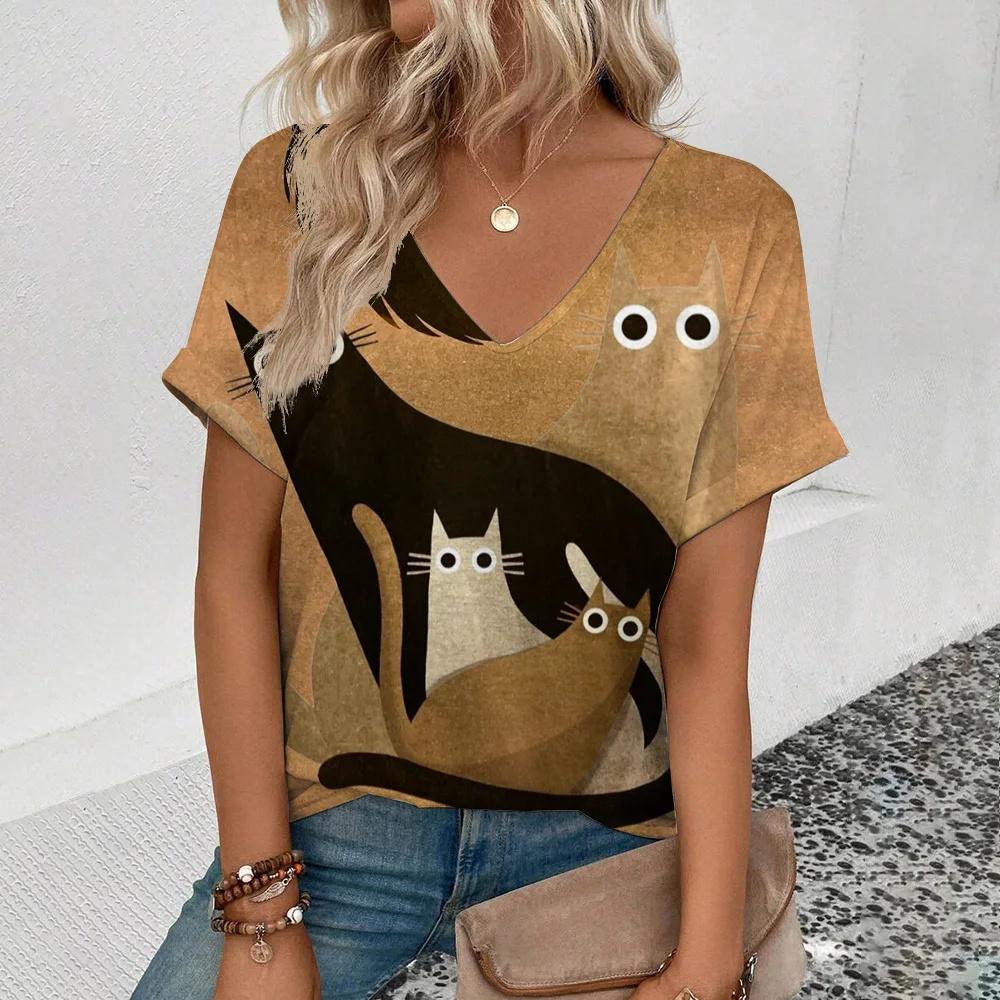 Women's Retro T Shirt Anime Cat Graphic Girl Clothes Summer V-Neck Short Sleeve Tees Female Harajuku Streetwear Oversized Blouse