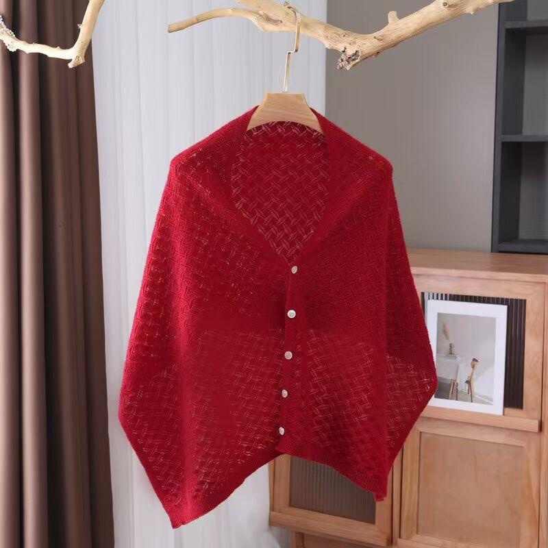 

Women Multi-functional 100% Wool Shawl New Autumn Winter Solid Color Hollowed-out Woolen Outerwear Cape Shawl Scarf for Ladies червоний