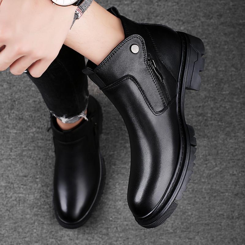 Fashion Warm Plush Winter Boots for Men Side Zipper New Motorcycle Boots Men's Casual Sneakers Genuine Leather Lace Up Outdoor Boots