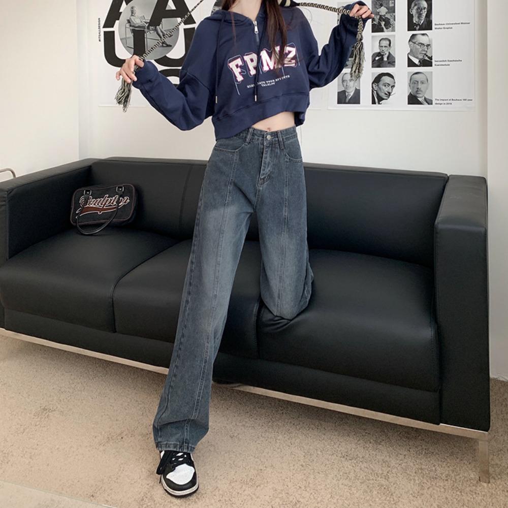 Autumn and Winter New Retro Blue Thin Denim Straight-leg Pants Women's 2025 Popular High-waisted Wide-leg Mopping Pants