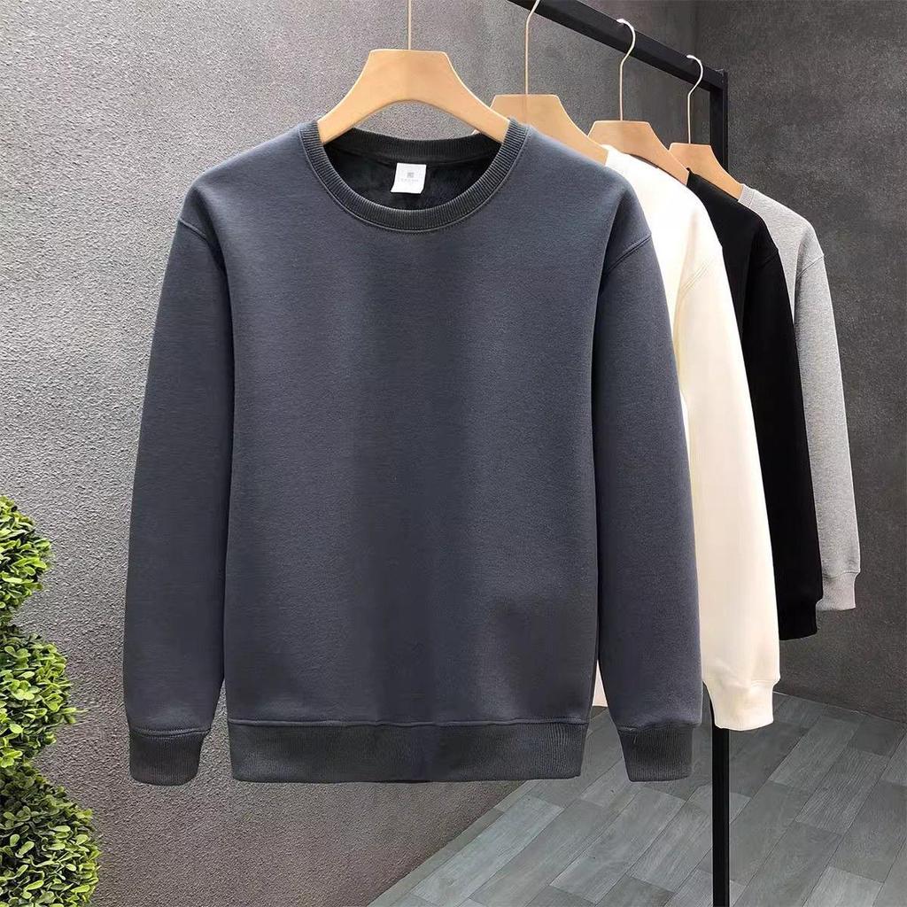 Men's Winter Fleece-Lined White Sweatshirt: Simple Solid Color, Round Neck, Long Sleeve, No Hood, Perfect for Spring and Autumn.