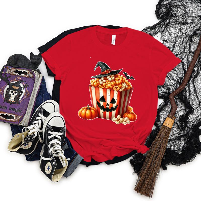 Halloween Popcorn Graphic Short Sleeve Tshirt Women Pumpkin Witch Hats Graphic Classic Tops Horror Popcorn Halloween Tshirts