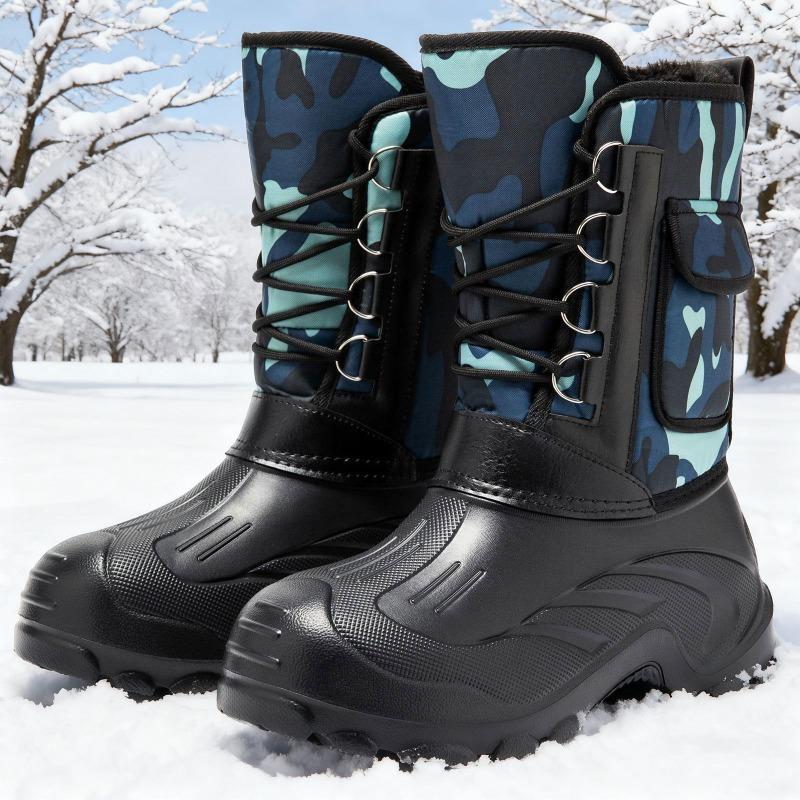 Herren Tarnung Mittelhohe Schneestiefel, Schnürung Dicke Sohle Fleecegefüttert Warm Outdoor Arbeit Baumwollschuhe
