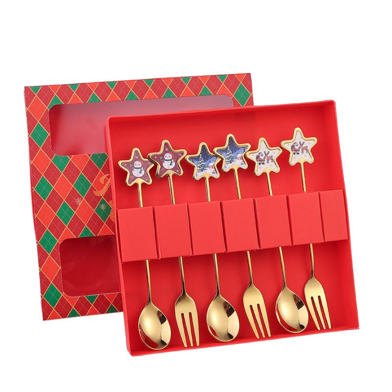 2/6PCS Christmas Stir Spoon And Golden Dessert Fork Set With Five Star Tree Design For Christmas Eve Party Gift Tableware