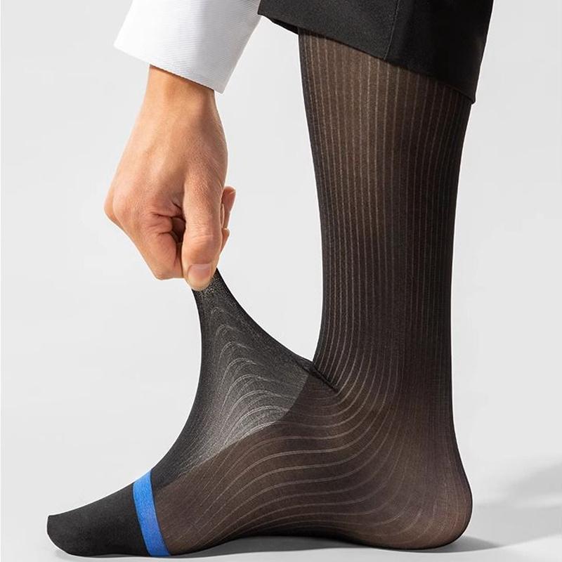 Herren Kurze Seidensocken Business Dünn Nylon Gestreift Atmungsaktiv Weich Elastisch Unterhalb Knie Wade Formelle Kleidung Kniestrümpfe Gentleman