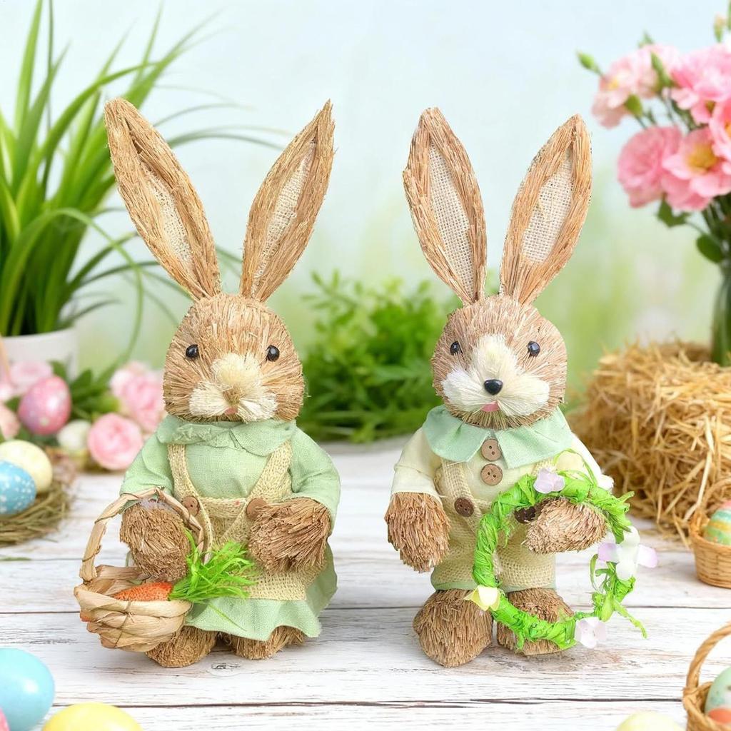 Easter Bunny Decoration, 35cm straw bunny figurine, Easter rabbit desktop ornament, handmade cute decorative bunny