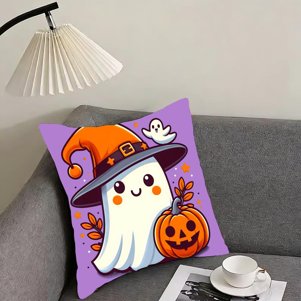 Cute Ghost with Pumpkin Cushion Cover Reversible Plush Pillow Cover – For car, sofa, bedroom, perfect as a gift.