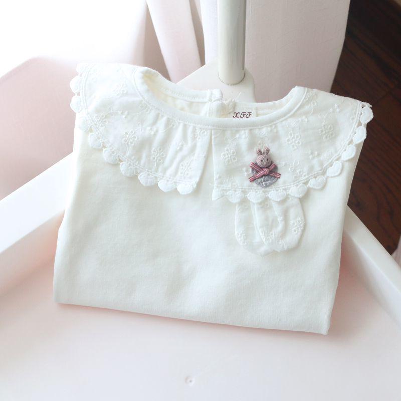 Girls' White Peter Pan Collar Long Sleeve Cotton T-Shirt for Spring/Autumn
