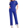 Women's Short Sleeved Solid Color High Collar Pocket Top Pants Work Clothes Two Piece Set
