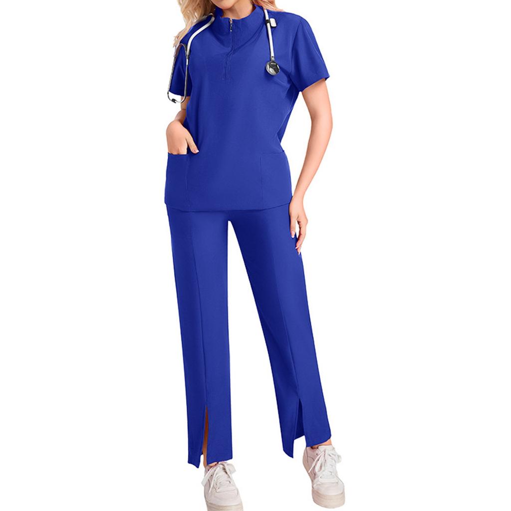 Women's Short Sleeved Solid Color High Collar Pocket Top Pants Work Clothes Two Piece Set