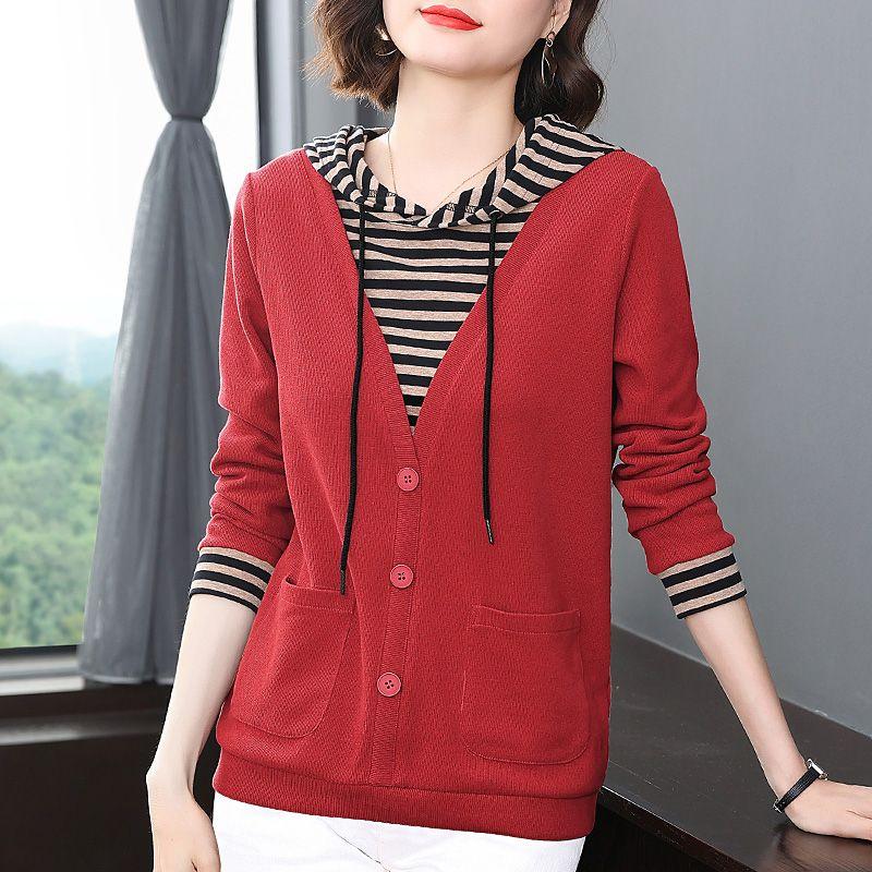 

Осенняя поддельная повседневная футболка из двух частей с капюшоном, женская модная универсальная футболка с длинным рукавом в полоску, женская XS кирпич красный