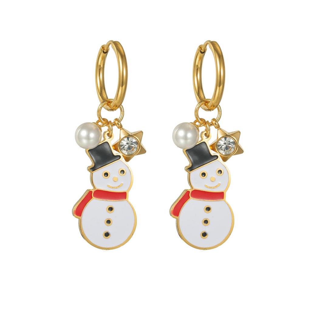 New Christmas Snowman Earrings: Titanium Steel Pearl Star Pendant, Cute Holiday Fashion Style.