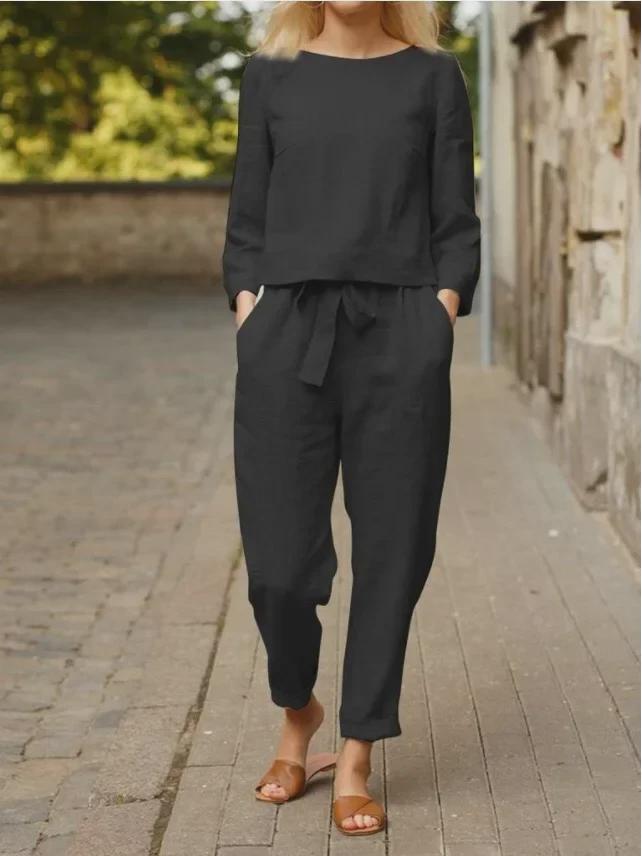 2024 Women's Autumn Solid Color Casual Tops and Pants Sets