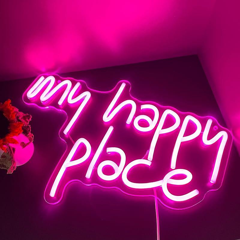 GGK My Happy Place Neon Sign LED Light up My Happy Place Sign for Wall Decor Pink Neon Lights Neon Letters Room Aesthetic Accessory (My happy place)