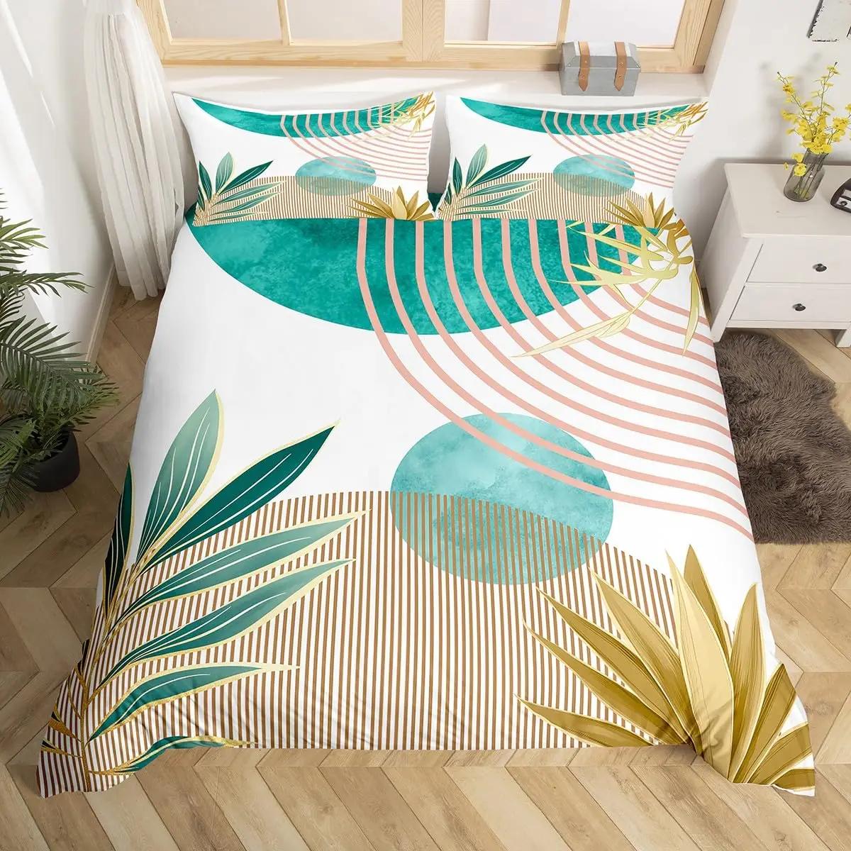 

Mid Century Boho Soft Duvet Cover Ful,Abstract Art Simple Warm Comforter Cover Minimalist Tropical Palm Leaves Beding Set for Children Kids Adult 120*200cm Single