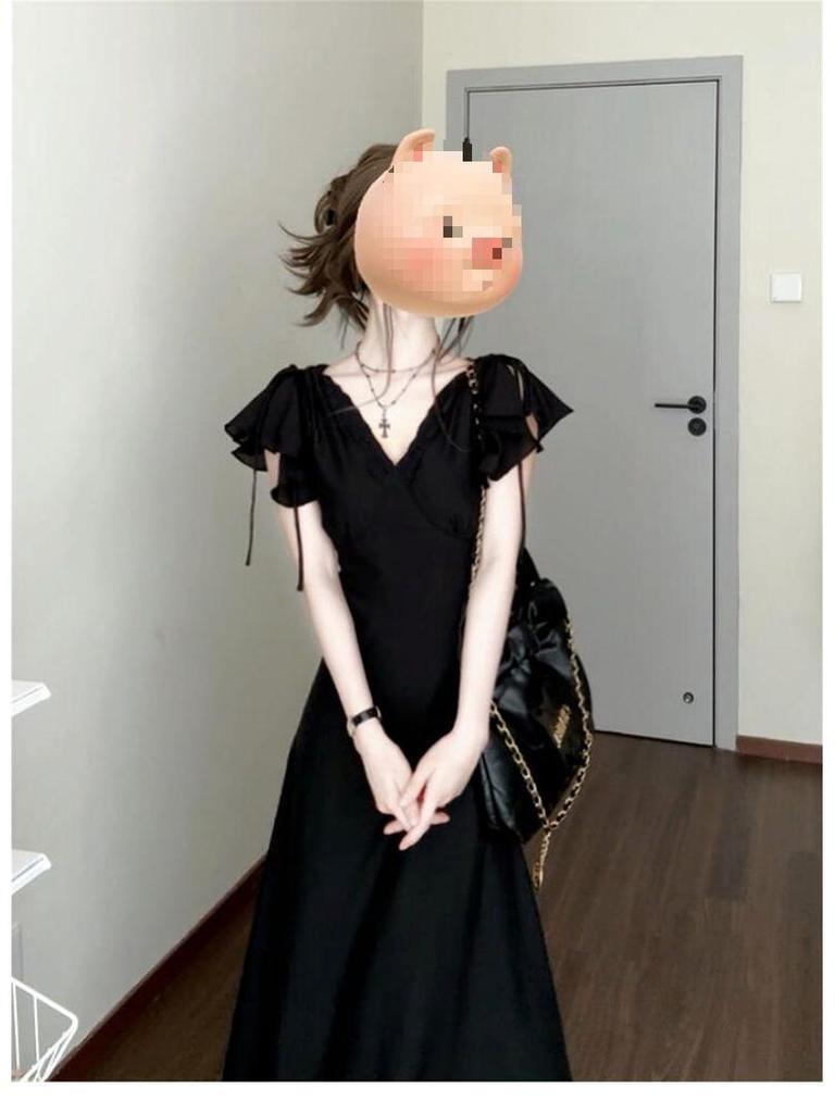 Hepburn Style V-Neck Black Dress for Women - Summer 2026 High-End Long Dress