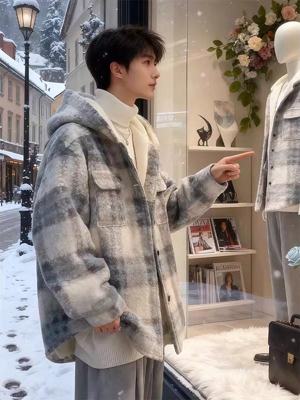 Melaleuca Men's Winter Hooded Plaid Plush Jacket - Trendy, High-End, Velvet, Handsome Coco Style