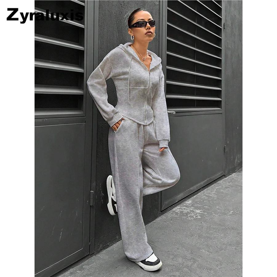 Fall Winter Women s Hoodie Cardigan Slim Fit Sweatpants Casual Wide Leg Set S серый