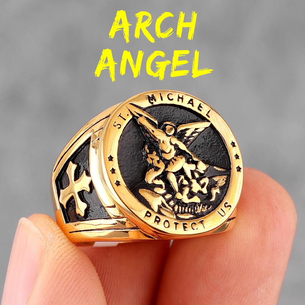 Archangel Saint Michael Exorcism Stainless Steel Mens Rings Punk Amulet for Male Boyfriend Jewelry Creativity Gift Wholesale