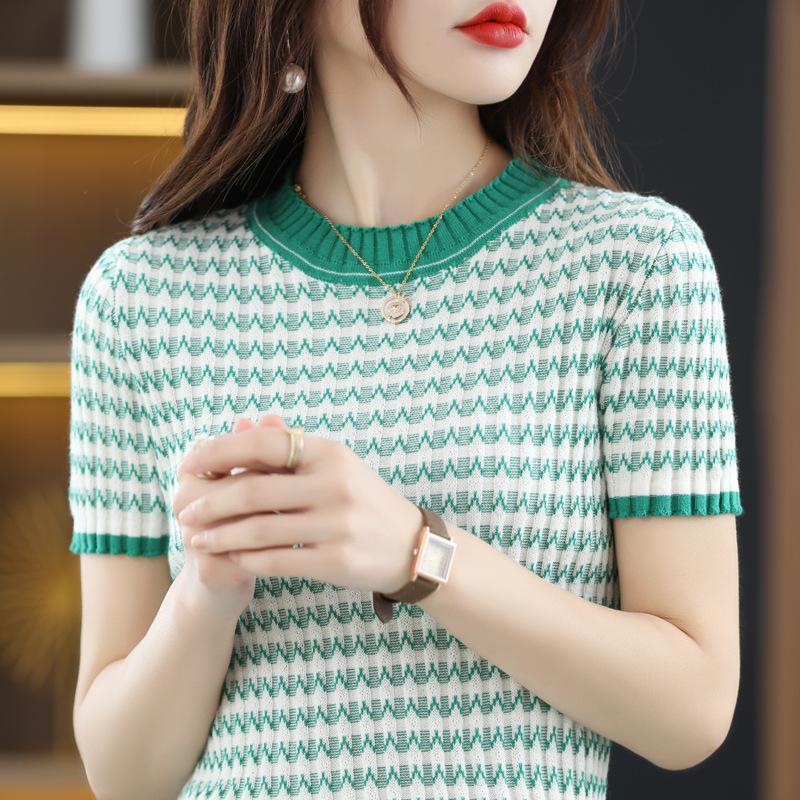 Gestreiftes Kurzarm-Strick-T-Shirt Damen Frühling und Sommer Neu Rundhals Farbblock Slim-fit Baumwoll-Top