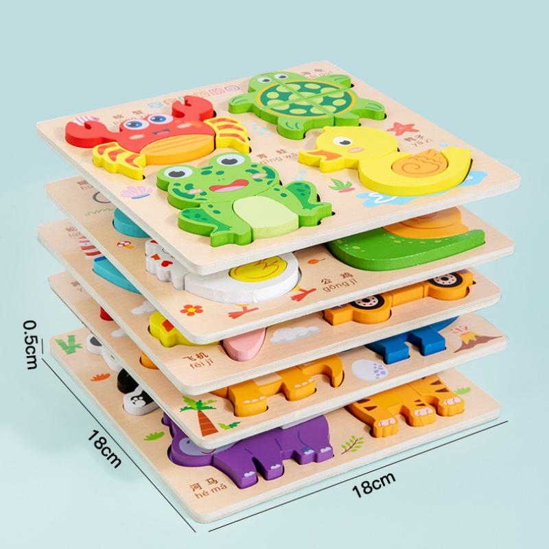 Non-Toxic 3D Wooden Animal Cartoon Puzzle Board Kids Handheld Traffic Jigsaw Puzzle Montessori Early Education Toys Building Blocks Toys